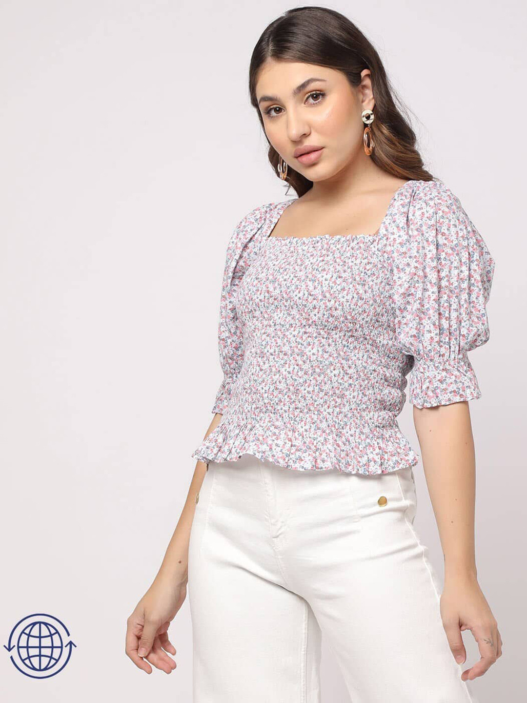 GAP Floral Print Puff Sleeve Smocked Cotton Top