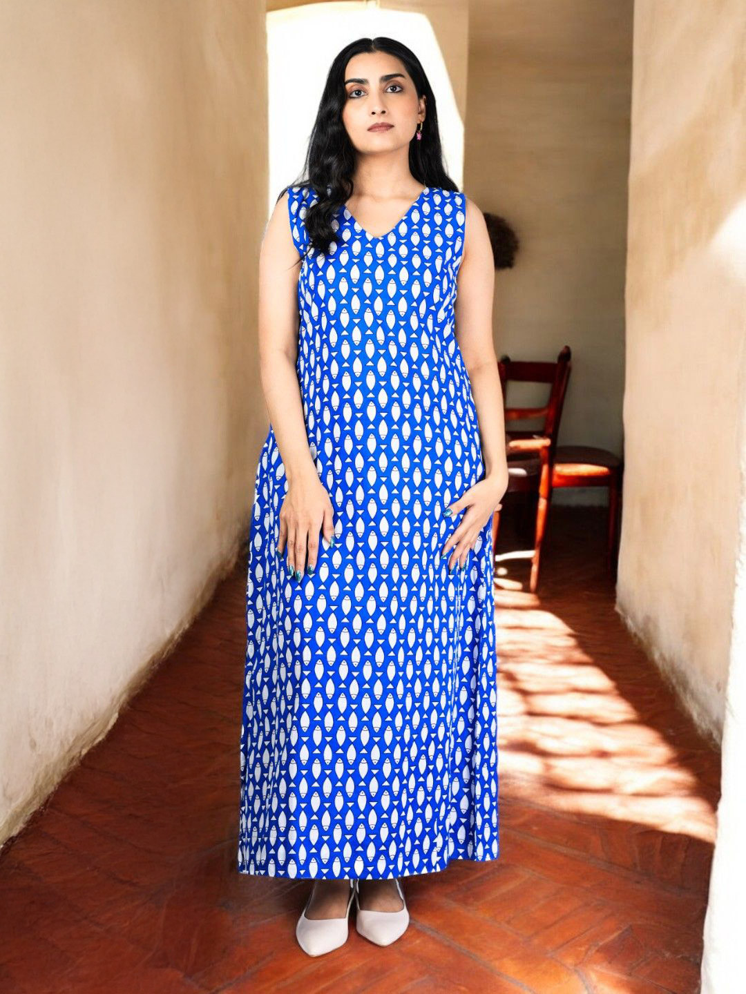 PRETANSHAH Women Fish Printed V-Neck A-Line Cotton Maxi Dress