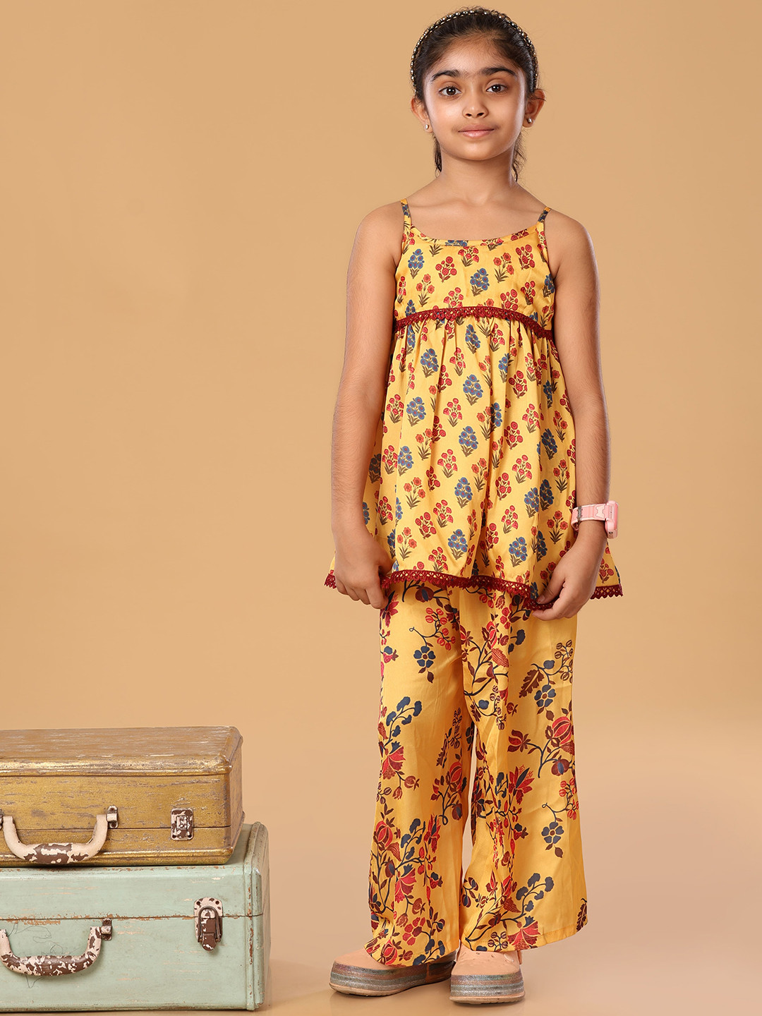 The Mini Trunk Yellow Printed Floral Laced Spagetti Set