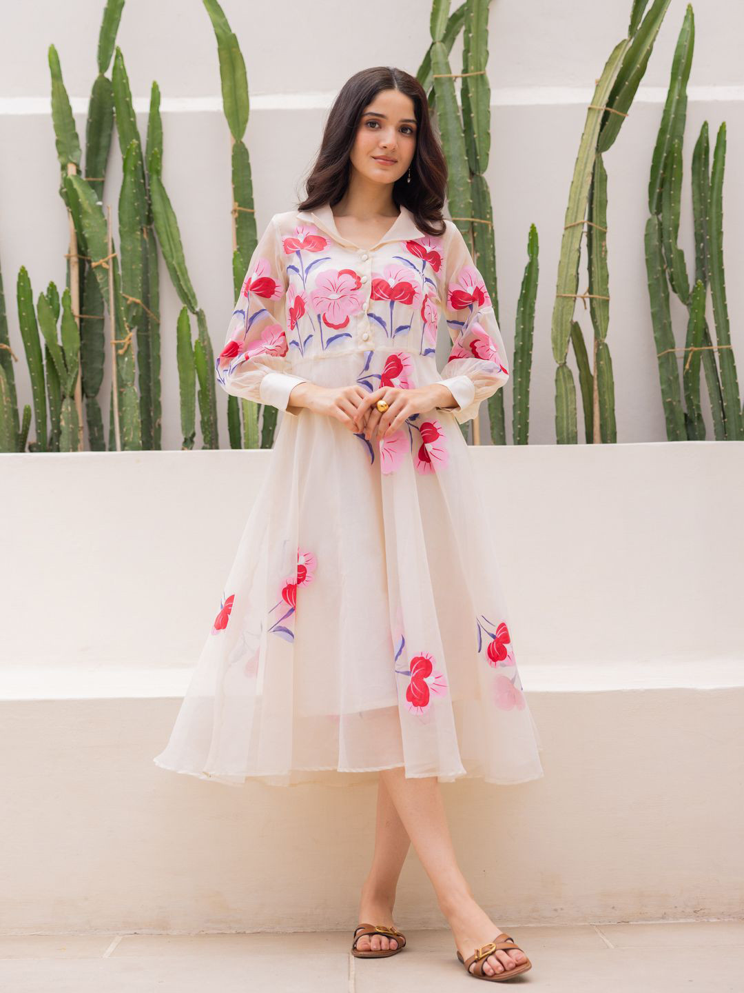 Ambraee Women Off-white Organza Floral Dress