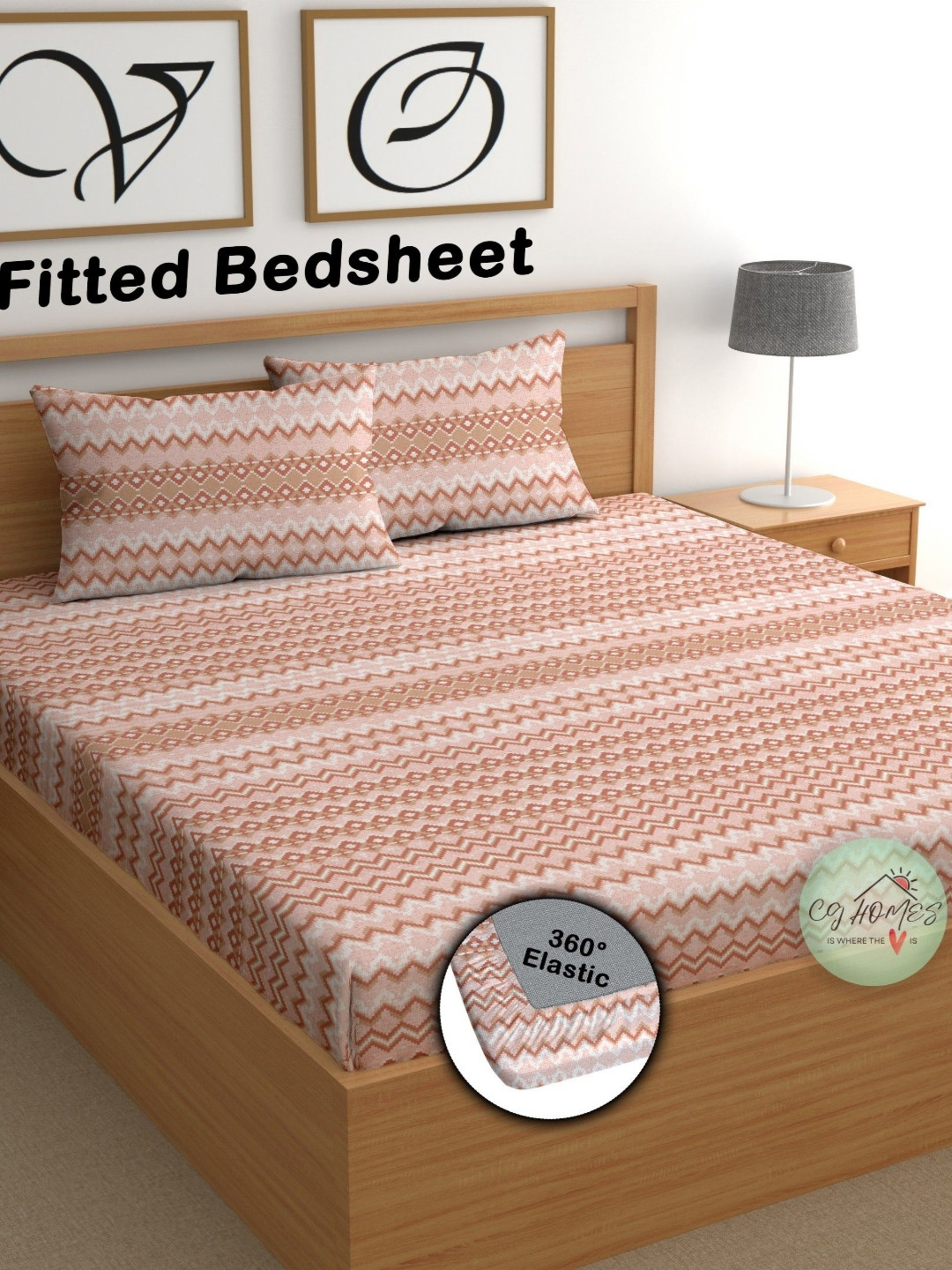 CG HOMES Orange & White 210 TC Queen Bedsheet with 2 Pillow Covers
