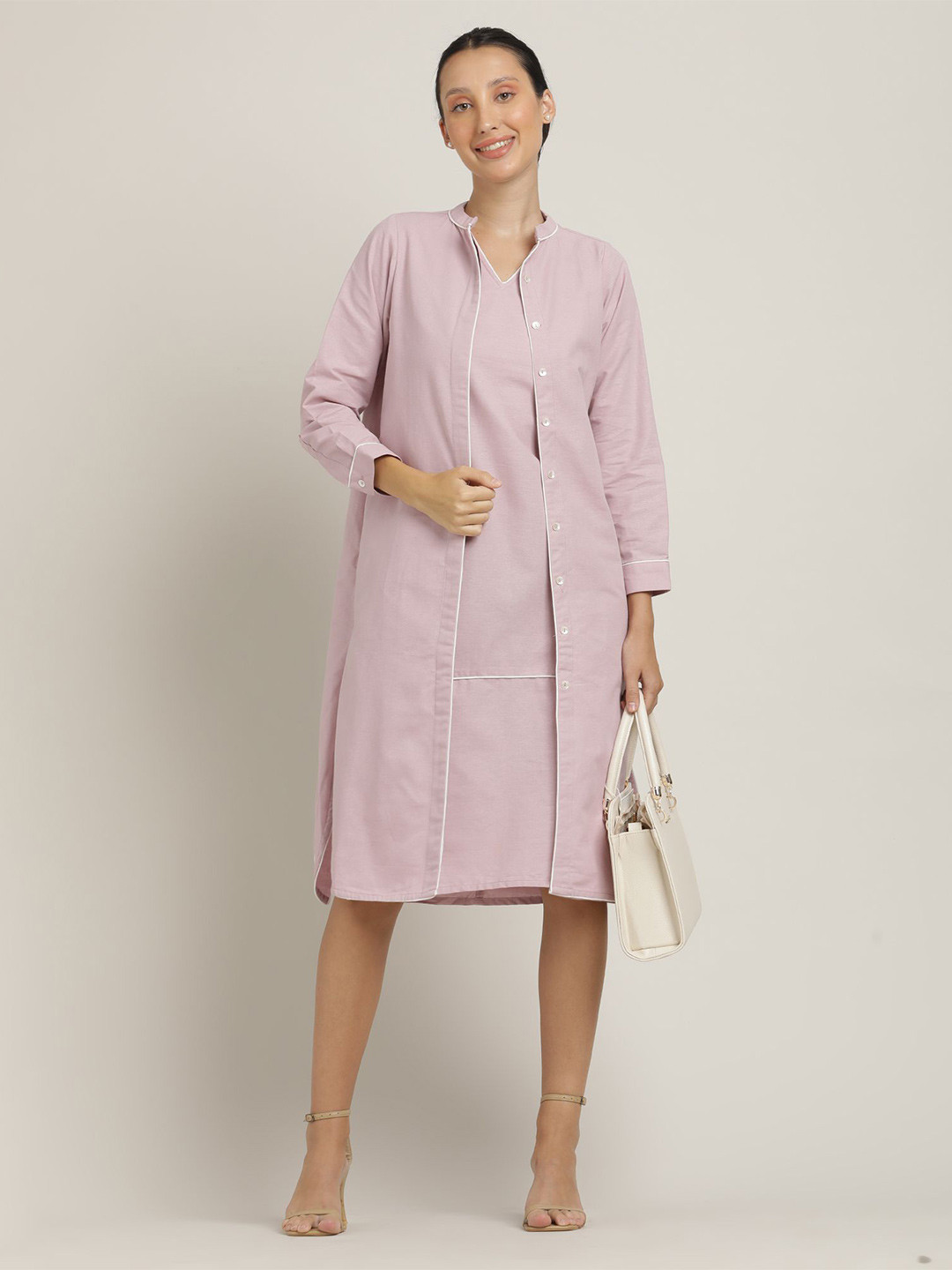 Saltpetre Women Pink Sleeveless A-Line Midi Length Dress With Overlay Shrug