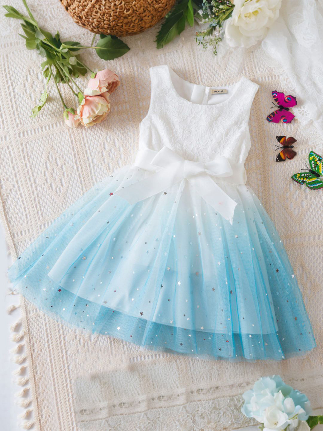 INCLUD Girls Ombre Star Foil Printed Embellished Tulle Overlay Fit & Flare Dress