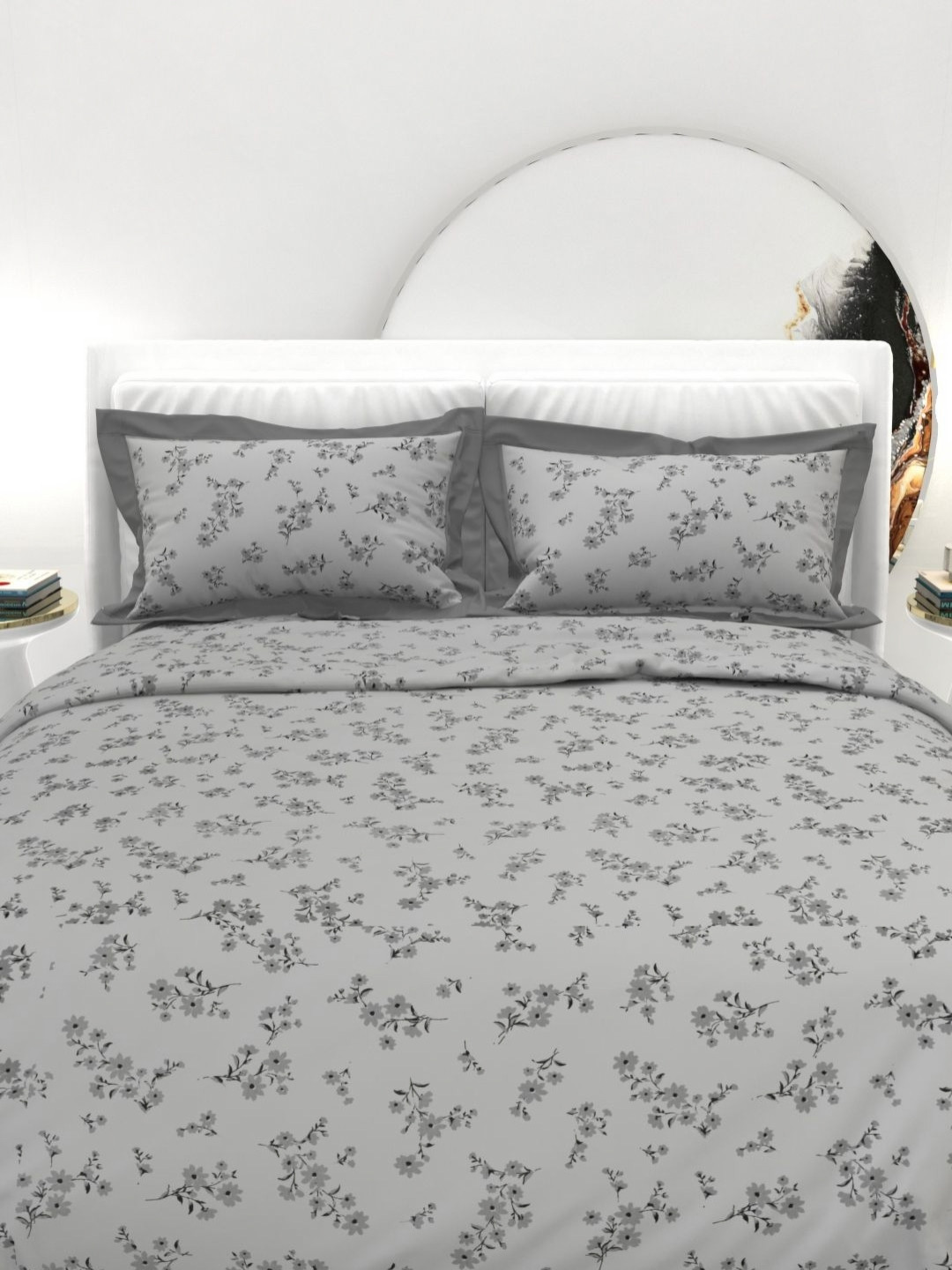 THE WHITE MOSS Grey And Black Printed Cotton 300 TC King Bedsheet Set-2.75 m x 2.75 m