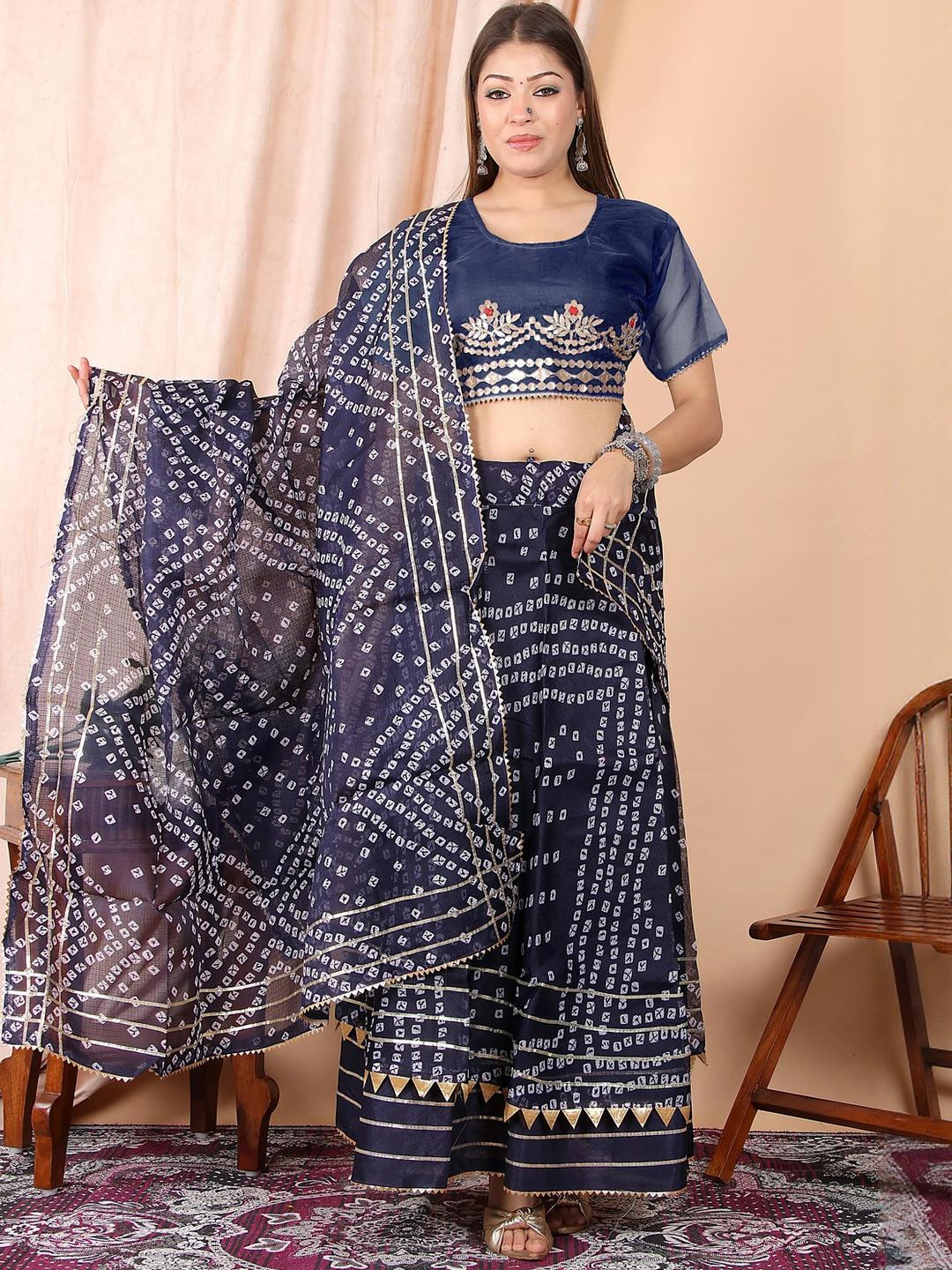 huuhambay Bandhani Printed Traditional Kota Doria Semi Stitched Choli Lehenga & Dupatta
