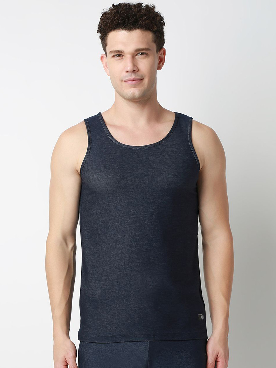 UnderJeans by Spykar Dark Denim Round Neck Basic Vest UJLSDMPMT062DKDXBLUE
