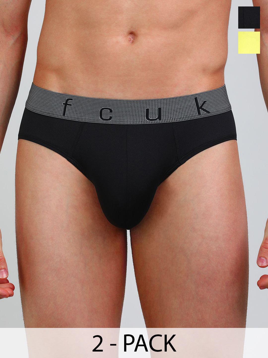 FCUK Men Pack Of 2 Mid-Rise Hipster Briefs GUSTON-BACID LIME-JET BLACK-S