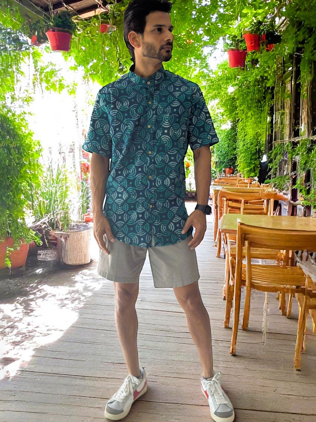 PRETANSHAH Abstract Hand block Print Short Sleeves Cotton Shirt