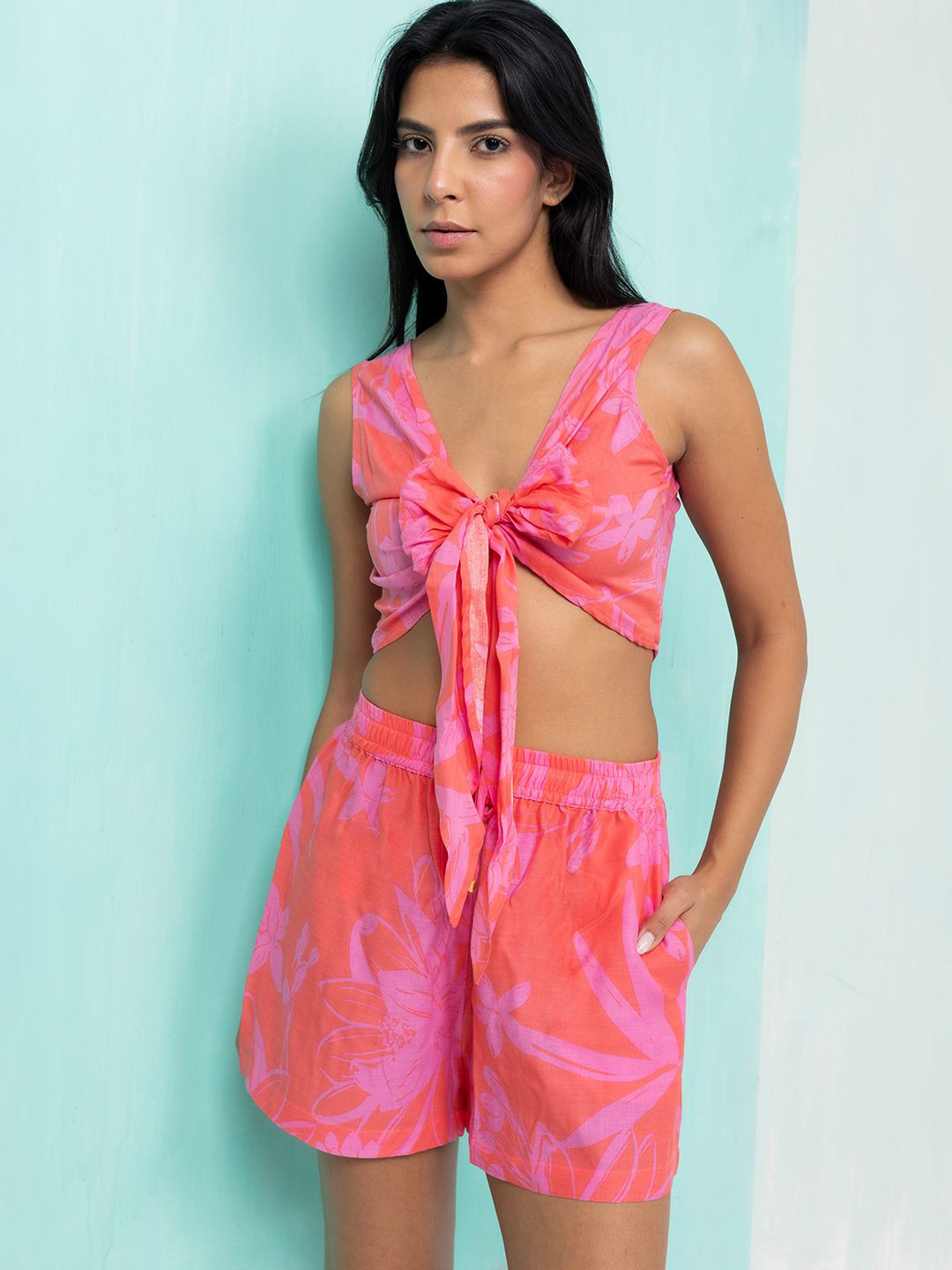 Aoba Women Pink Floral Printed Beachwear Co-Ords