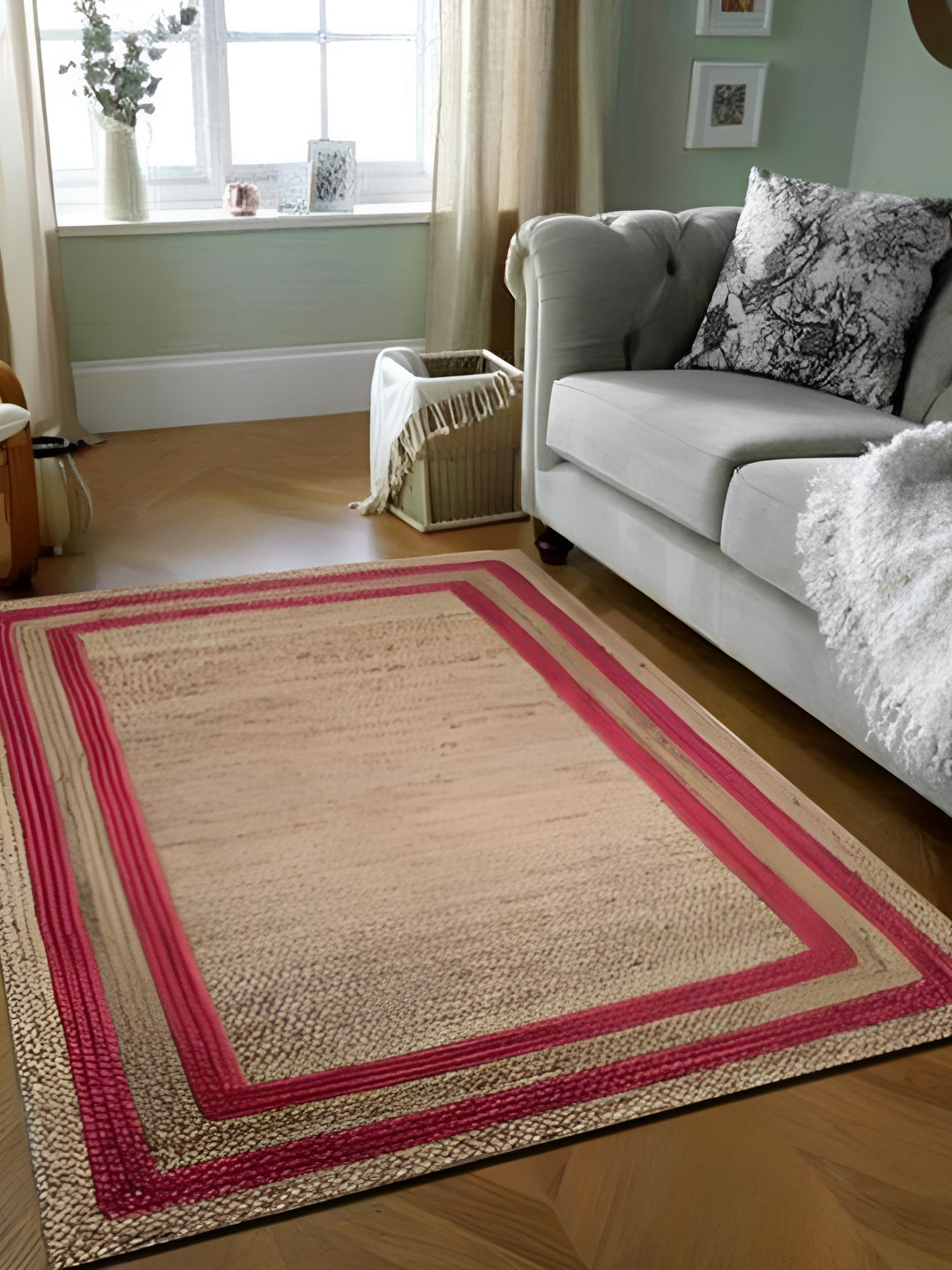 JASMEY HOMES Red & Beige Striped Jute Cotton Carpet