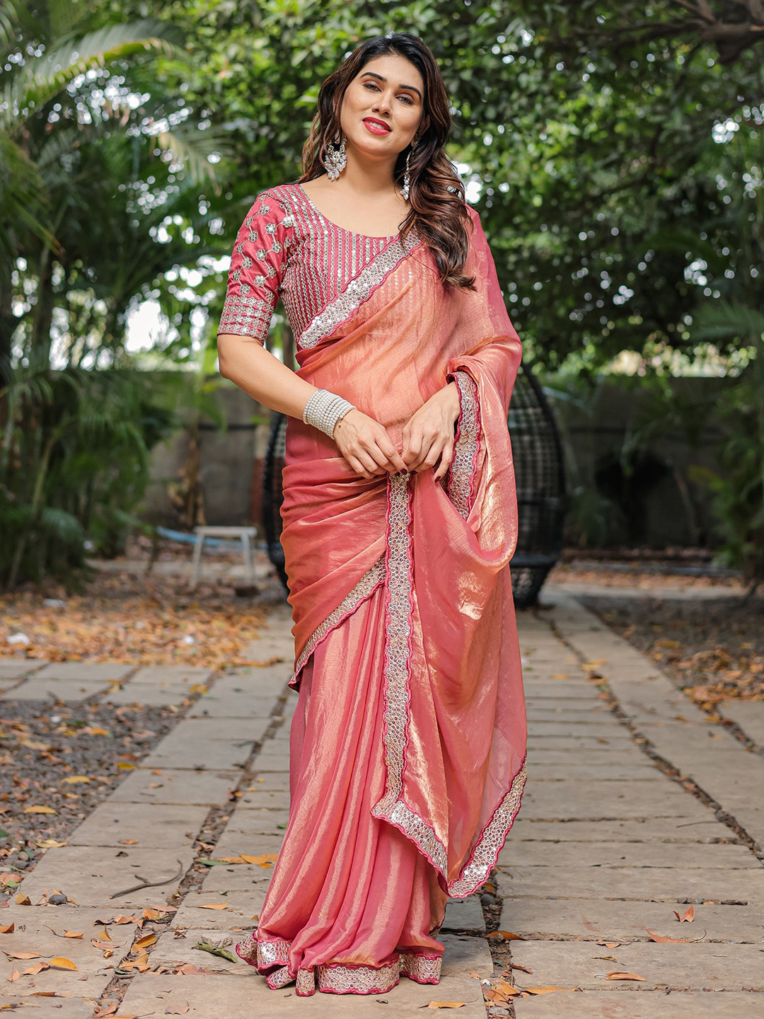 Nirmohi Fashion Women Sequinned Embroidered Boder Organza Jimmy-Choo Saree