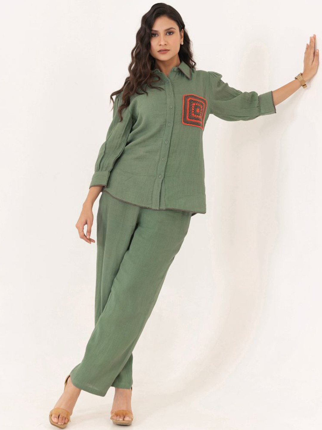 MISRI Self-Design Shirt Collar Pure Cotton Shirt With Trousers Co-Ords