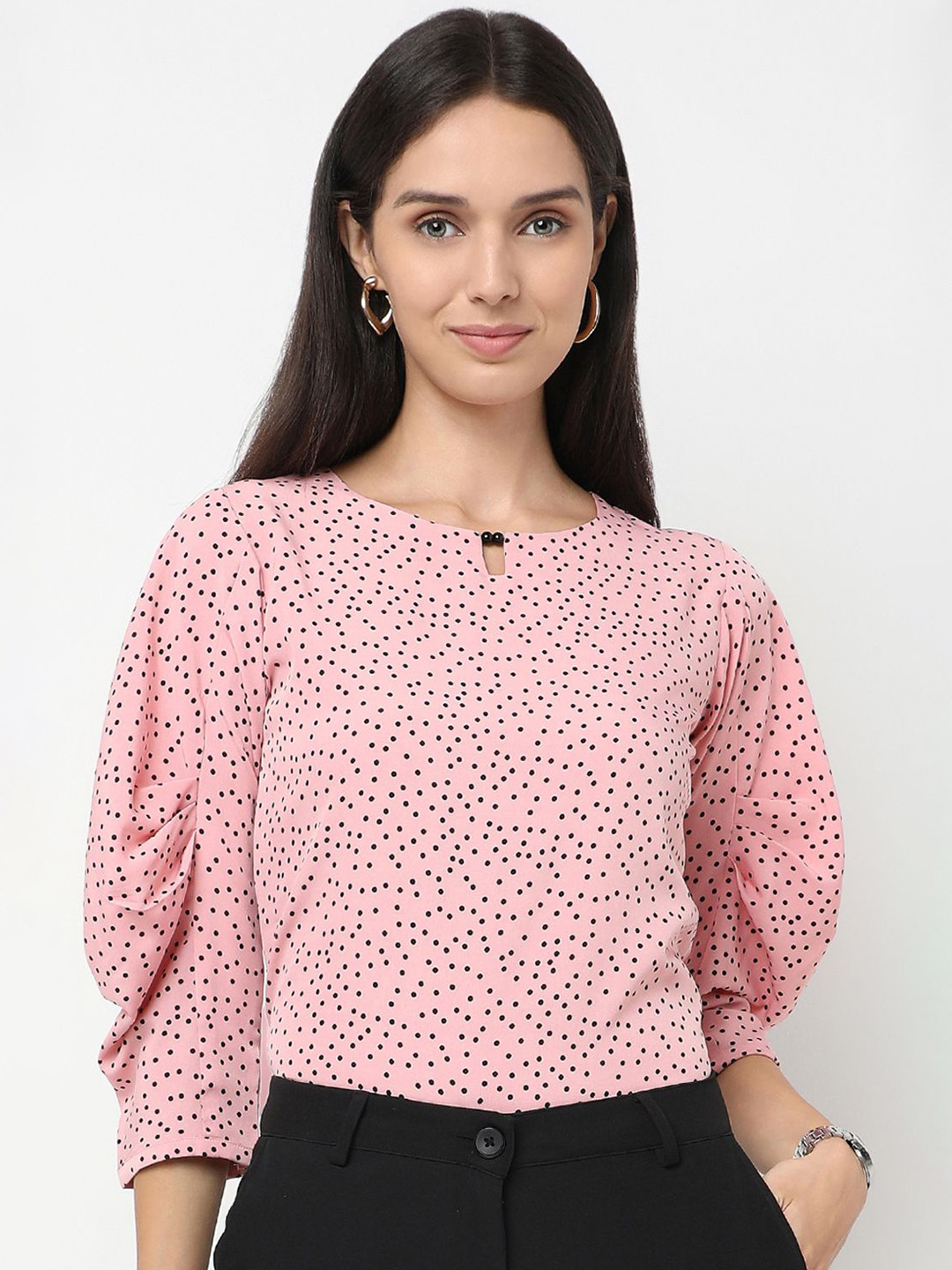 NOT SO PINK Women Polka Dot Print Keyhole Neck Puff Sleeve Regular Top
