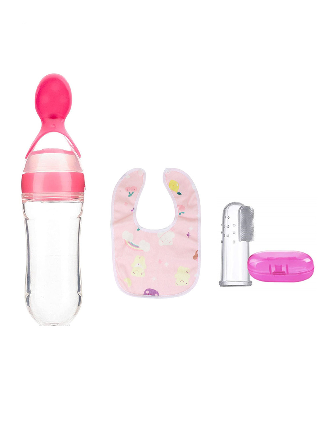 Kritiu Kids Food-Grade Silicone Food Feeder & Bib & Figure Brush - Pink