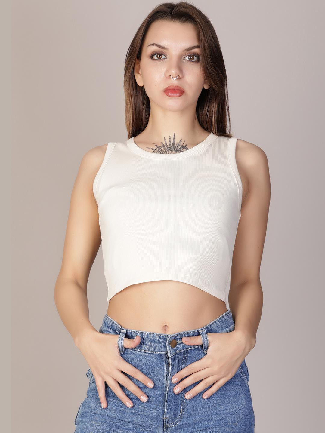 LIMEROAD Women Western Solid Rib Round Neck Top