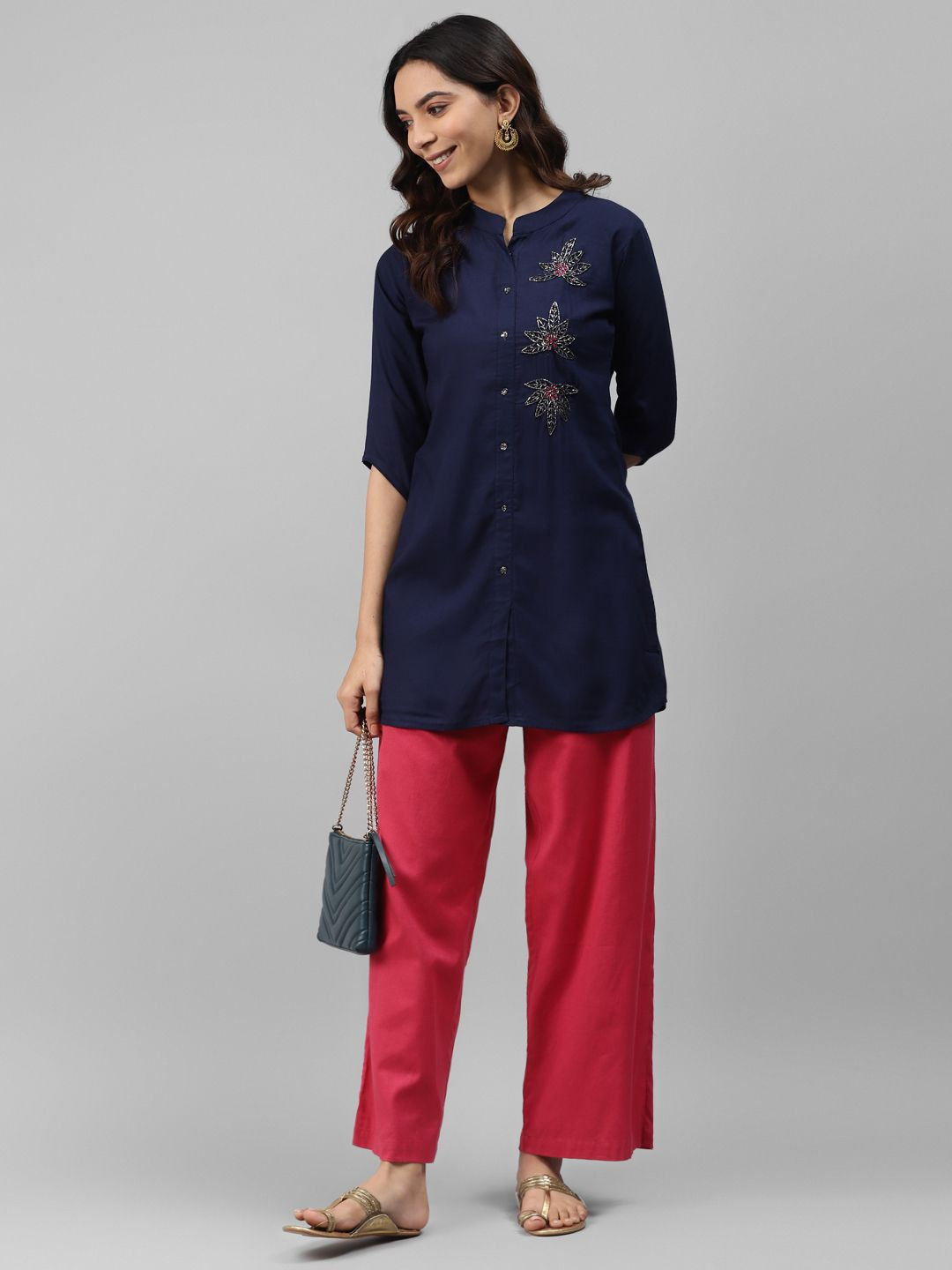 KALINI Women Beads and Stone Work Mandarin Collar Kurti