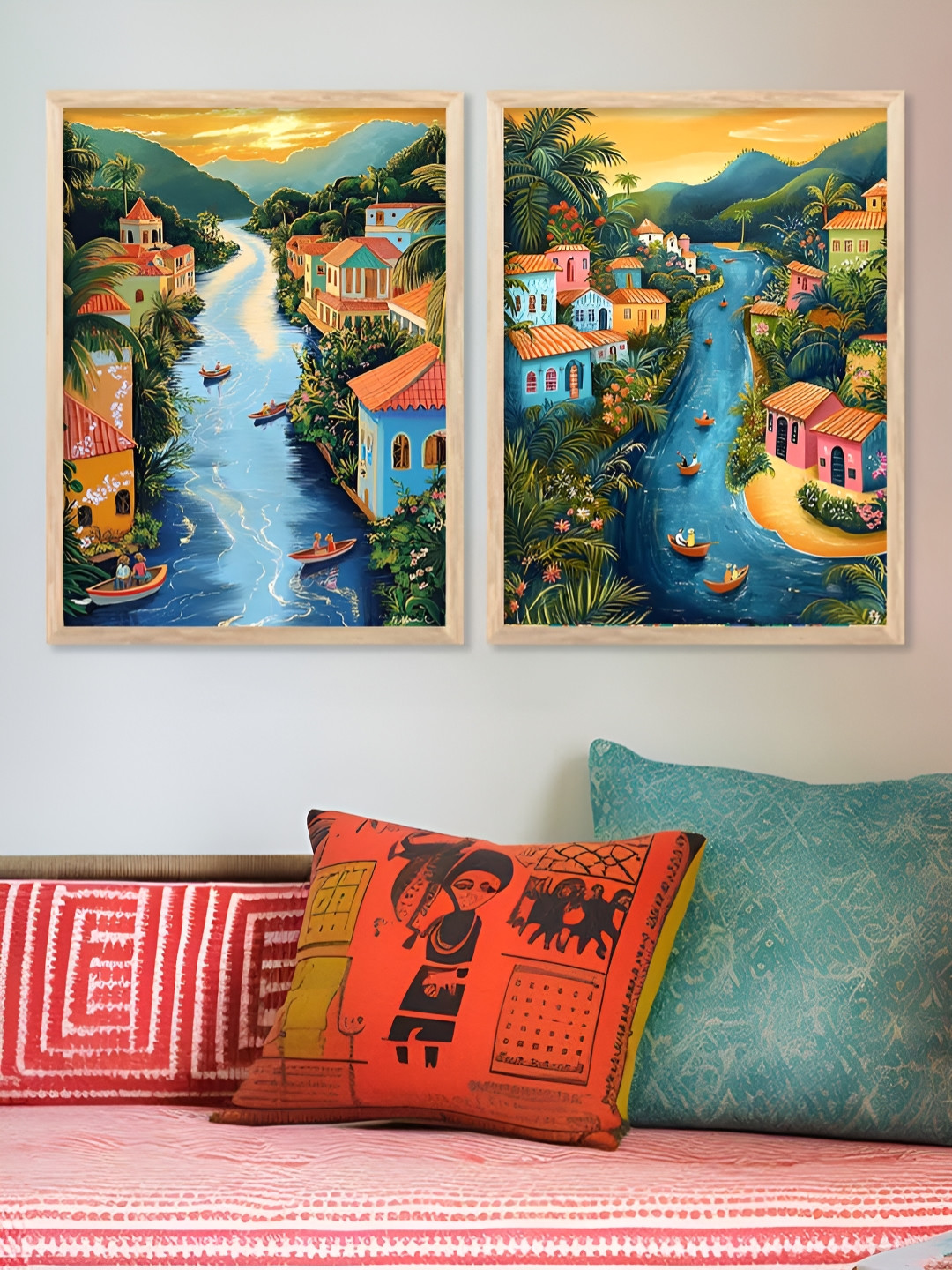 Kotart Brown & Blue 2 Pieces Villages Printed Wooden Wall Art