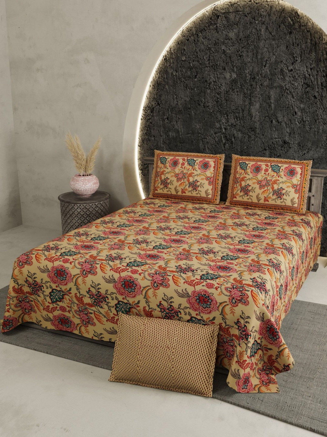 Aura Chartook Yellow & Green Floral Printed 180TC Cotton King Bedsheet Set 2.70 m x 2.70 m