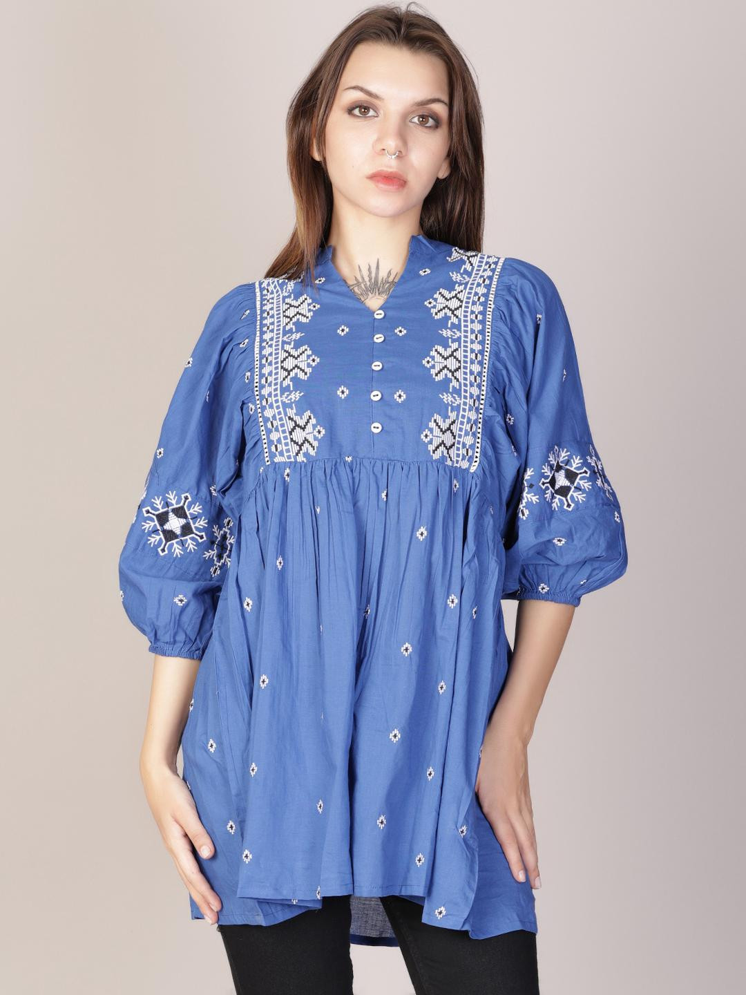 LIMEROAD Women Embroidered Cambric V Neck Blue Dress