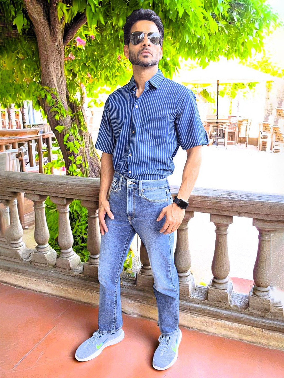 PRETANSHAH Vertical Stripes Hand block Printed Short Sleeves Cotton Shirt