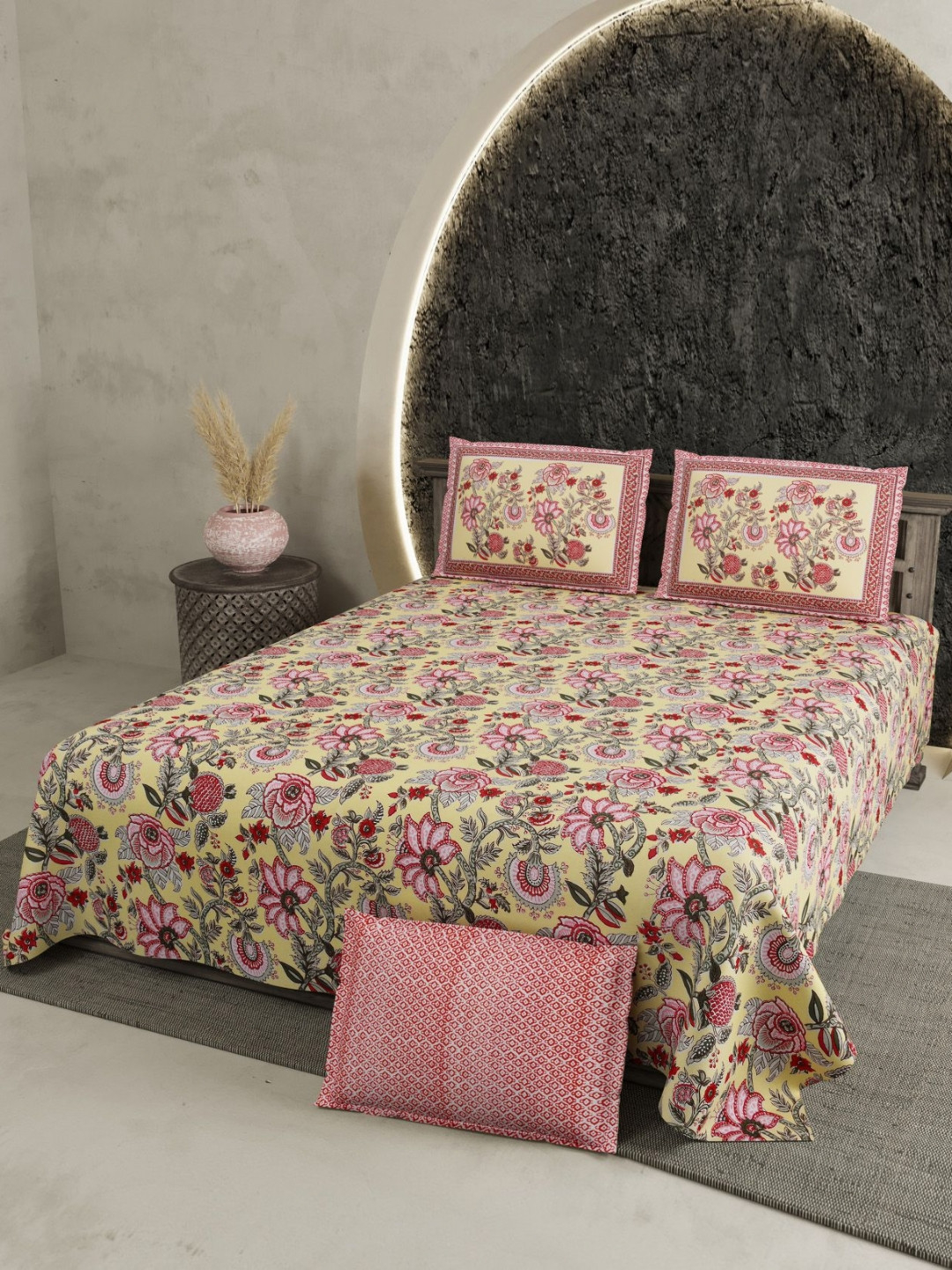 Aura Chartook Yellow & Pink Floral Printed 180 TC Cotton King Bedsheet Set 2.70 m x 2.70 m