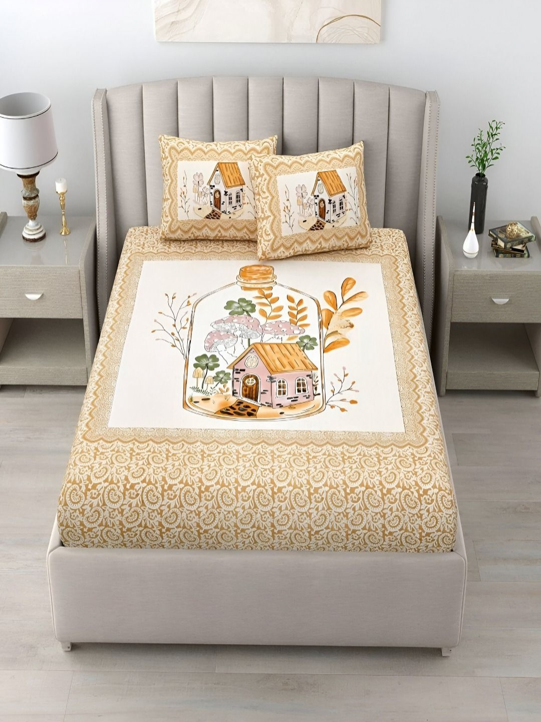 Bombay Spreads Orange Colored Printed Cotton 180 TC King Bedsheet Set 2.74 m x 2.25 m