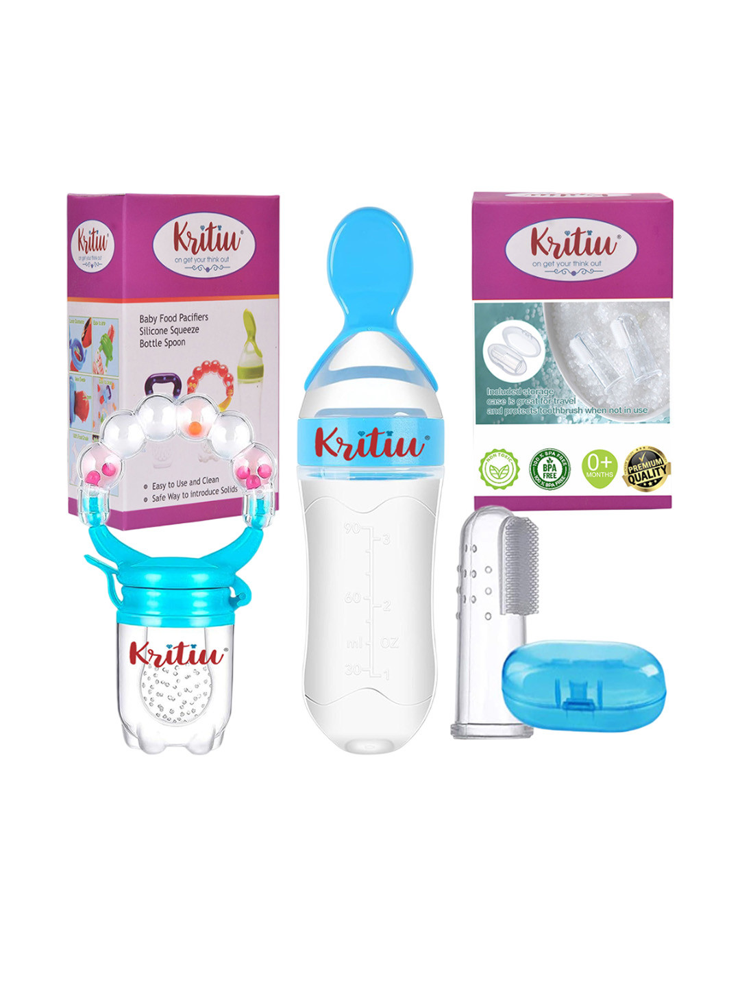 Kritiu Set Of 3 Silicone Squeezy Food - Bottle With Spoon & Figure Brush - Blue