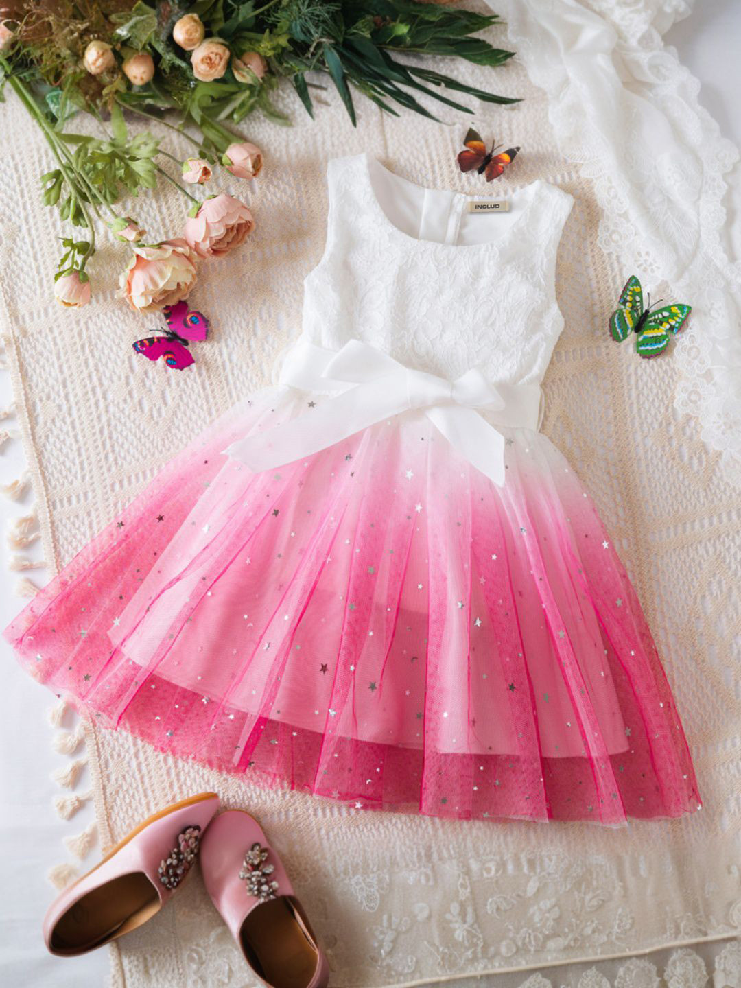 INCLUD Girls Stars Printed Tulle Fit & Flare Dress With Belt