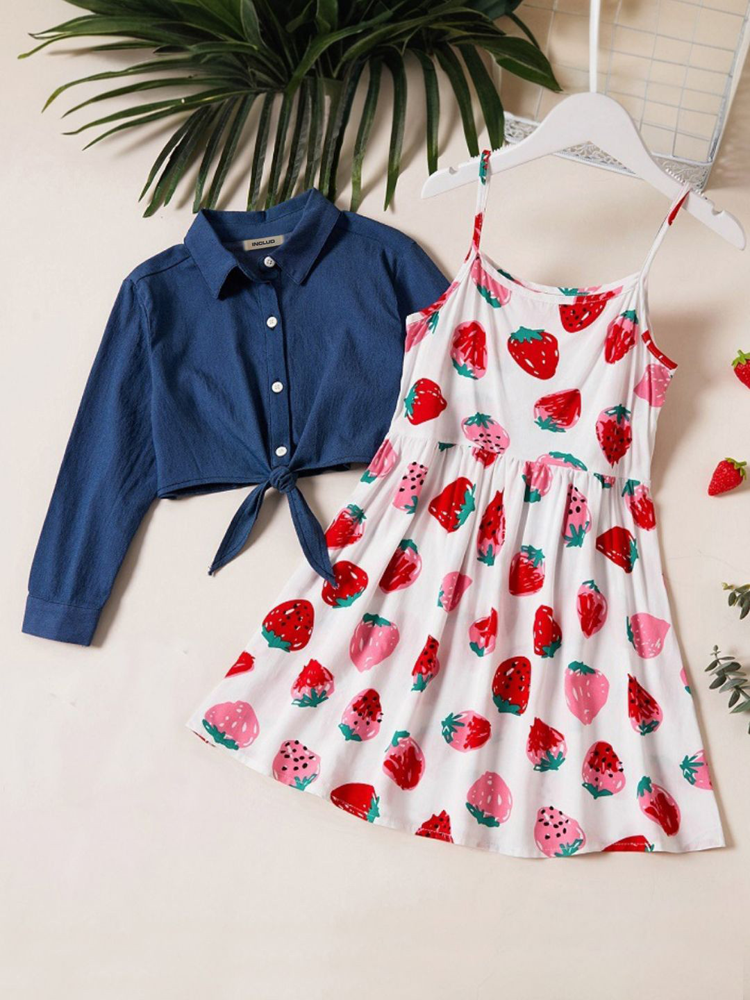 INCLUD Girls Graphic Printed Shoulder Straps Fit & Flare Dress with Denim Top