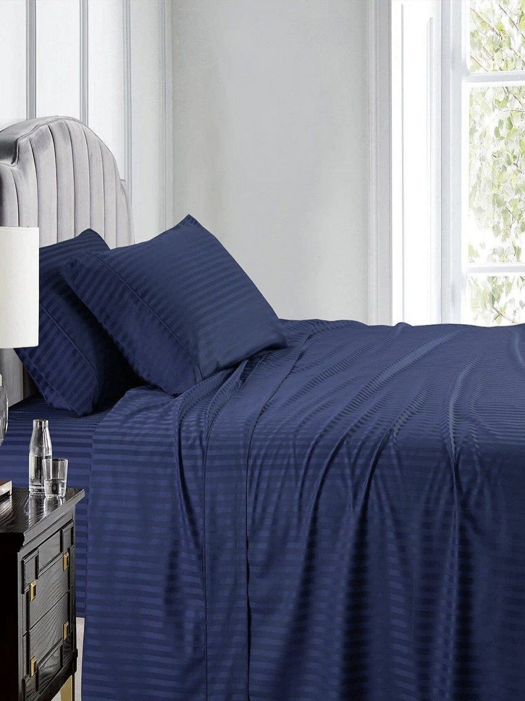 tundwal's Navy Blue Striped Printed Microfiber 210 TC Single Bedsheet Sets - 2.23m x 1.45m