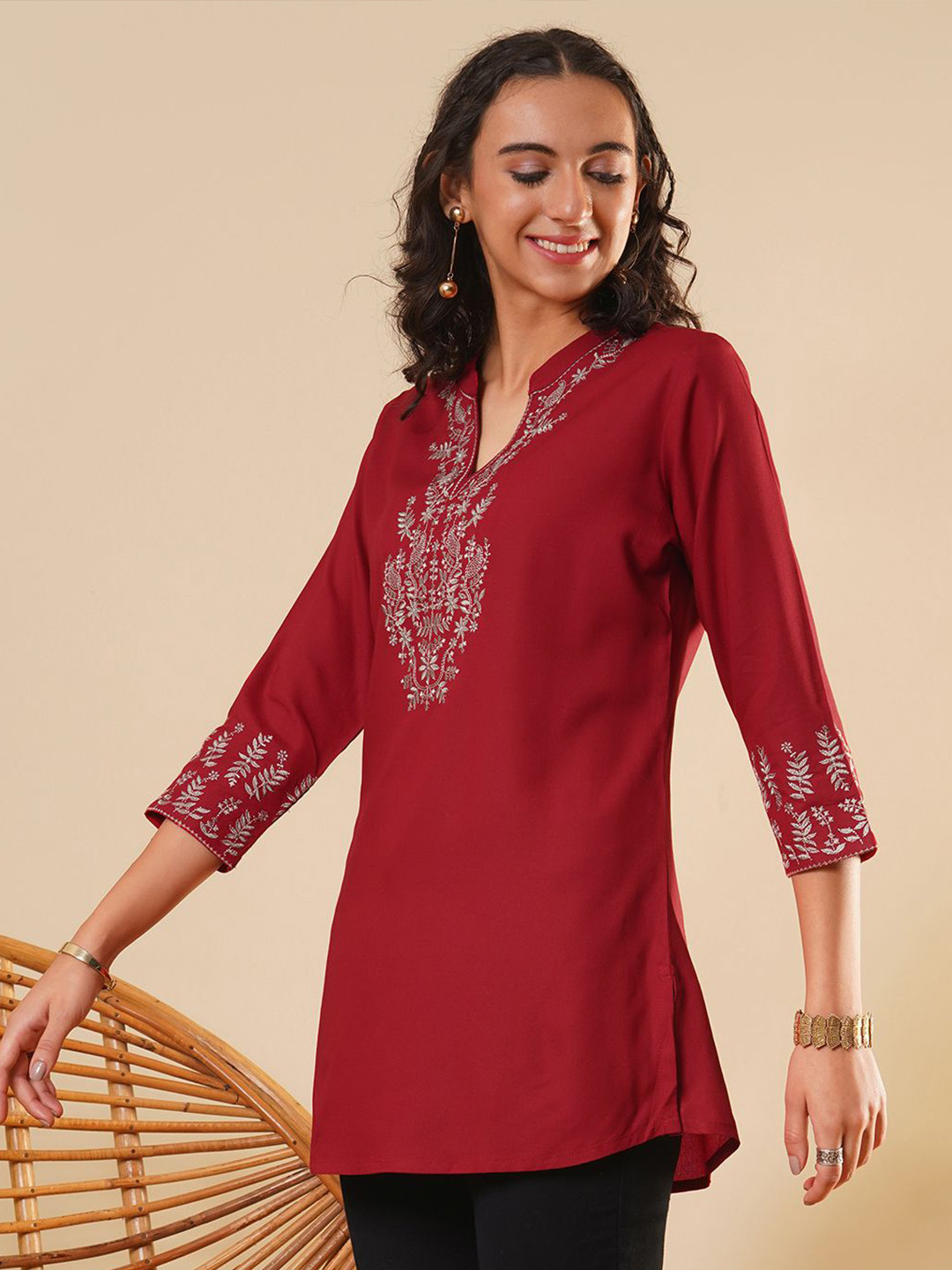 ZOLA Buy Mandarin Collar Red Comfort Fit Rayon Kurti For Women Online