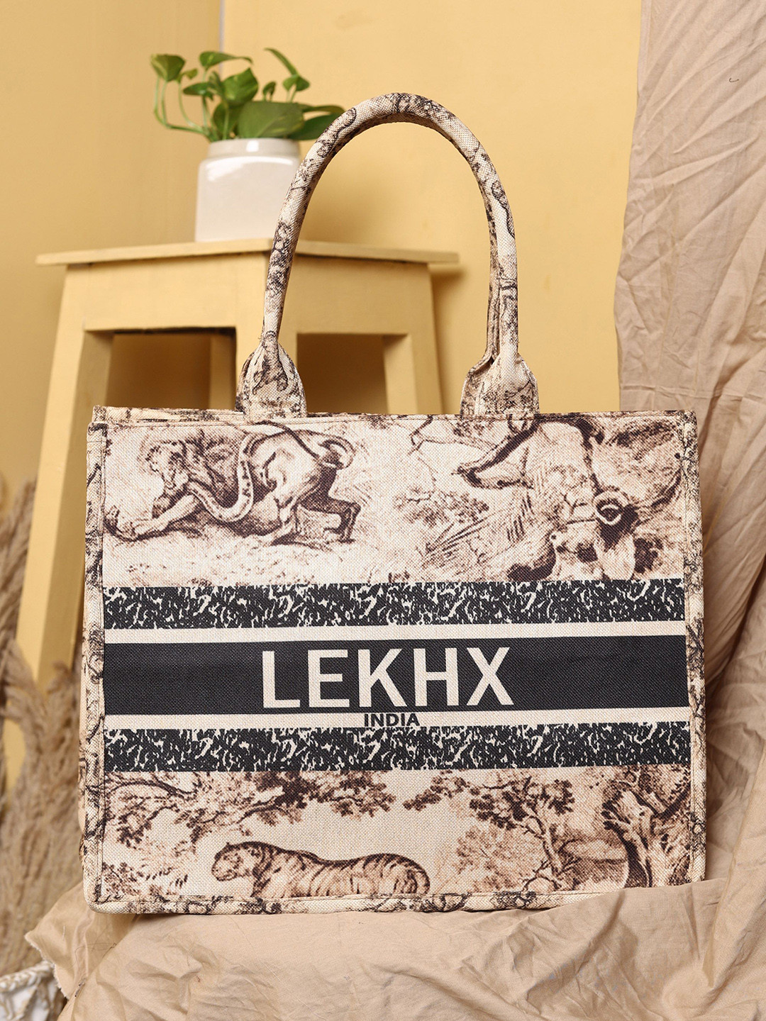 LEKHX Animal Printed Laptop Space Upto 16 Inch Oversized Jute Tote Bag