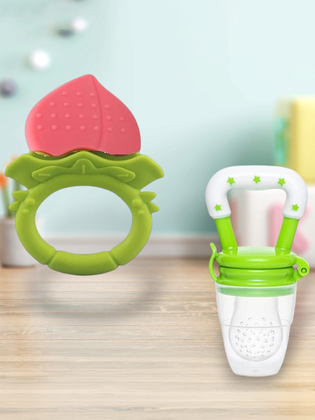 Joy Buzz Kids Set Of 2 Star Nibbler Feeder With Teether - Green & Peach Colored