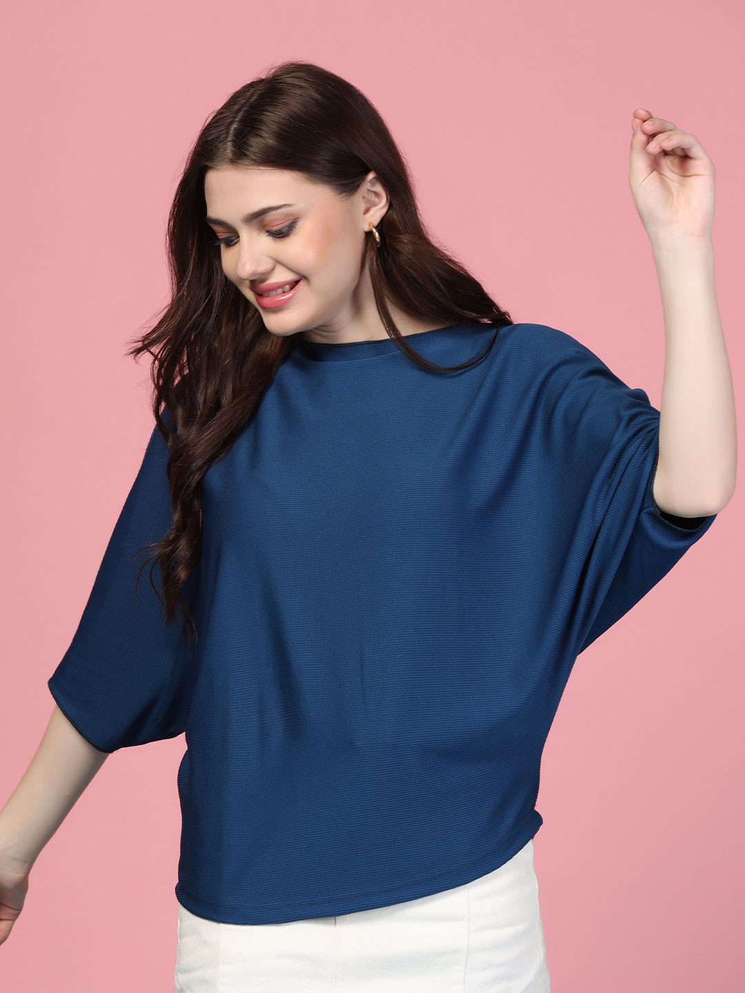 RAHI TRENDZ Women Solid Boat Neck Batwing Sleeve Balloon Regular Top