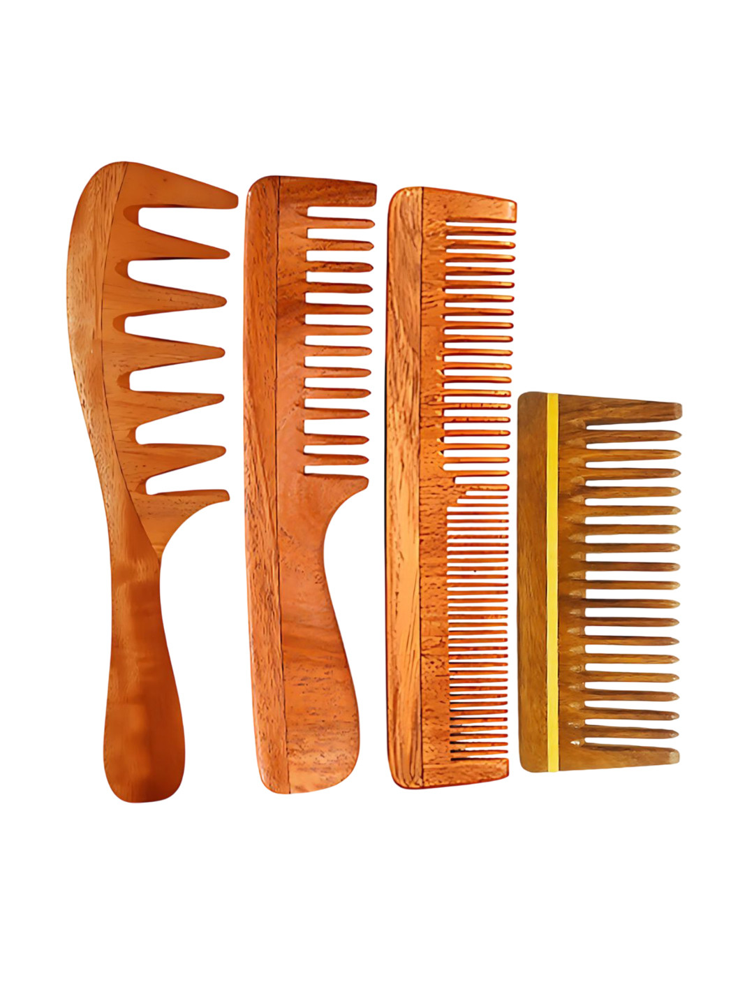 RUFIYS Set Of 4 Curly Hair Detangler Wide Tooth Neem Wooden Comb - Brown