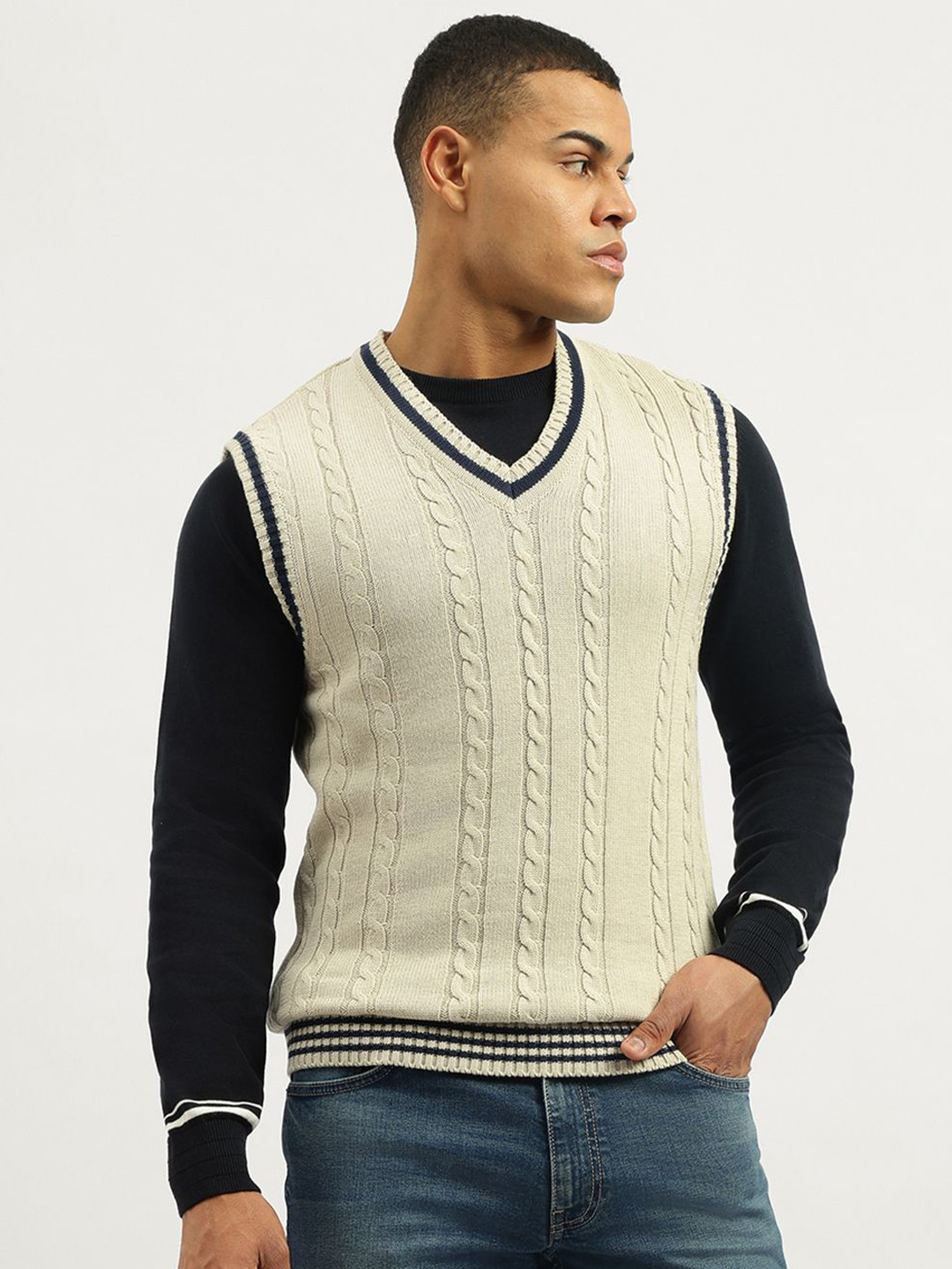 United Colors of Benetton Men Pure Cotton Cable Knit Sweater Vest