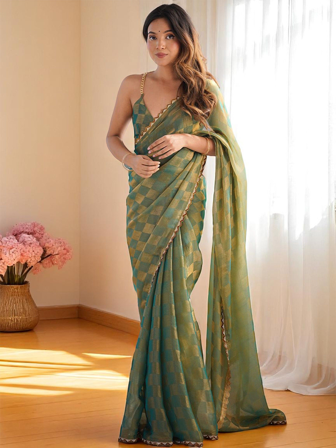 Ambuja International Checked Beads and Stone Pure Chiffon Saree