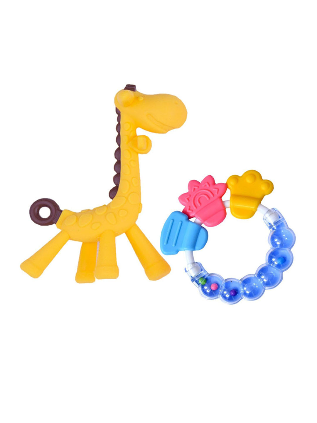 Kritiu Set Of 2 Giraffe Shape & Rattle Handle Teethers - Blue & Yellow