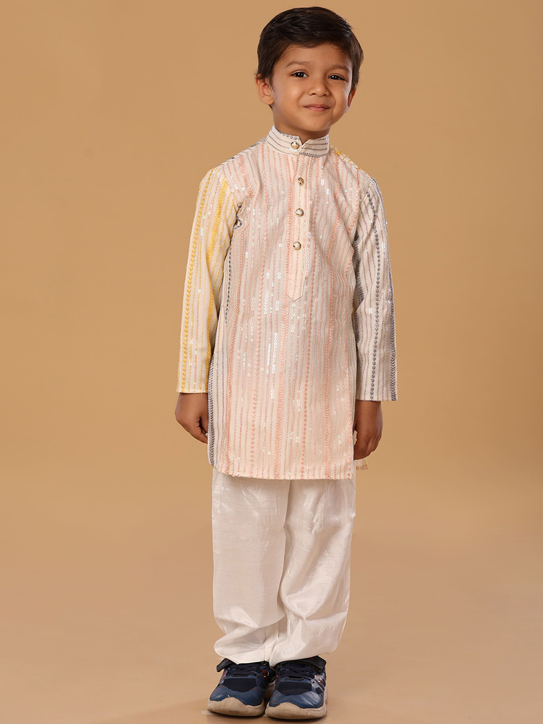 The Mini Trunk Peach Net Work Kurta Set