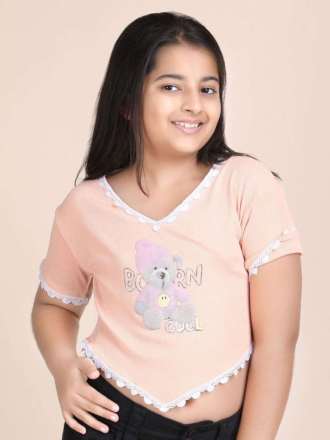 Galad Girls  Ribbed Graphic Print V- Neck Cotton Top