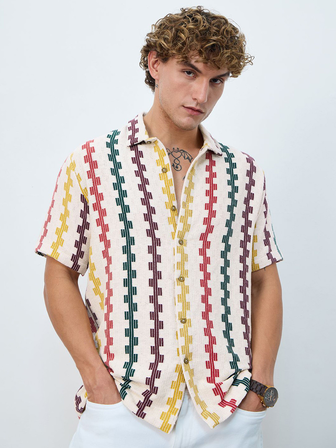 The Souled Store Vertical Striped Open Knit Casual Shirt