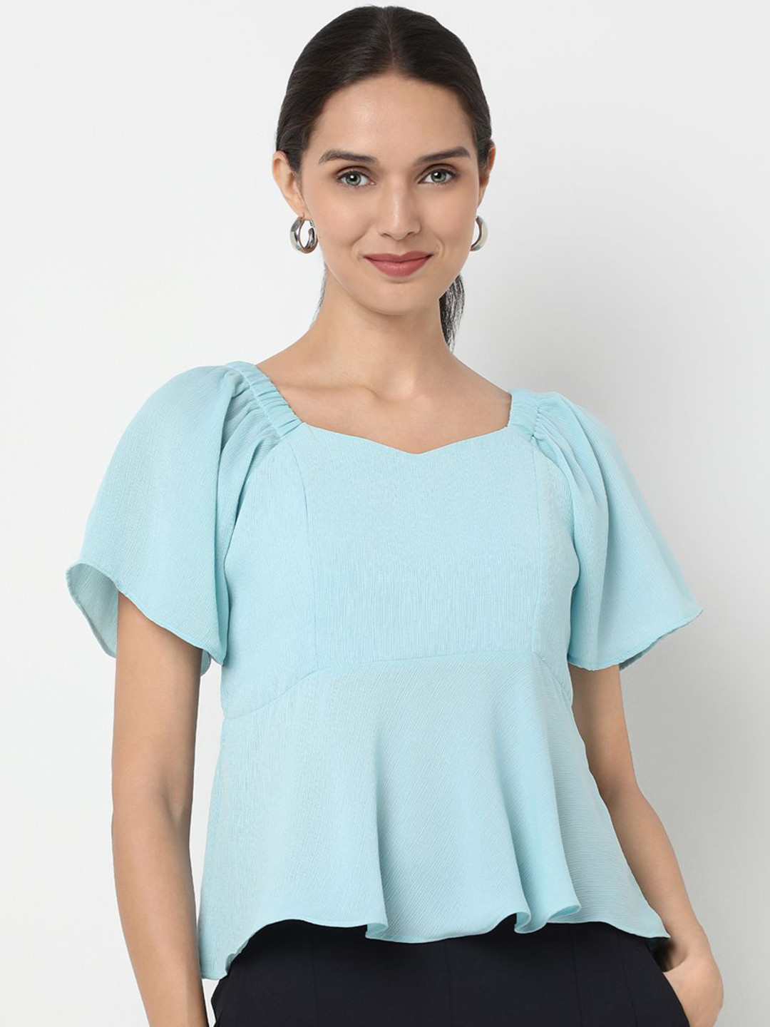 NOT SO PINK Sweetheart Neck Flared Sleeves Chiffon Peplum Crop Top