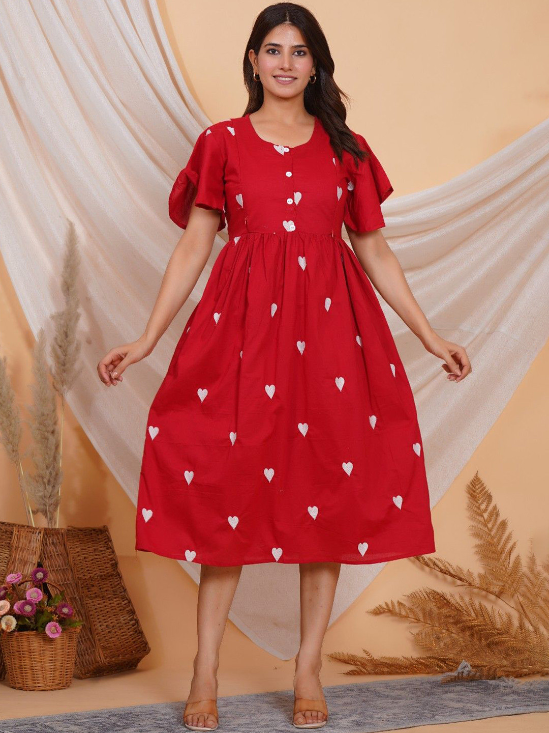 MomsBae Women Conversational Print Flared Sleeve Fit & Flare Maternity Midi Dress