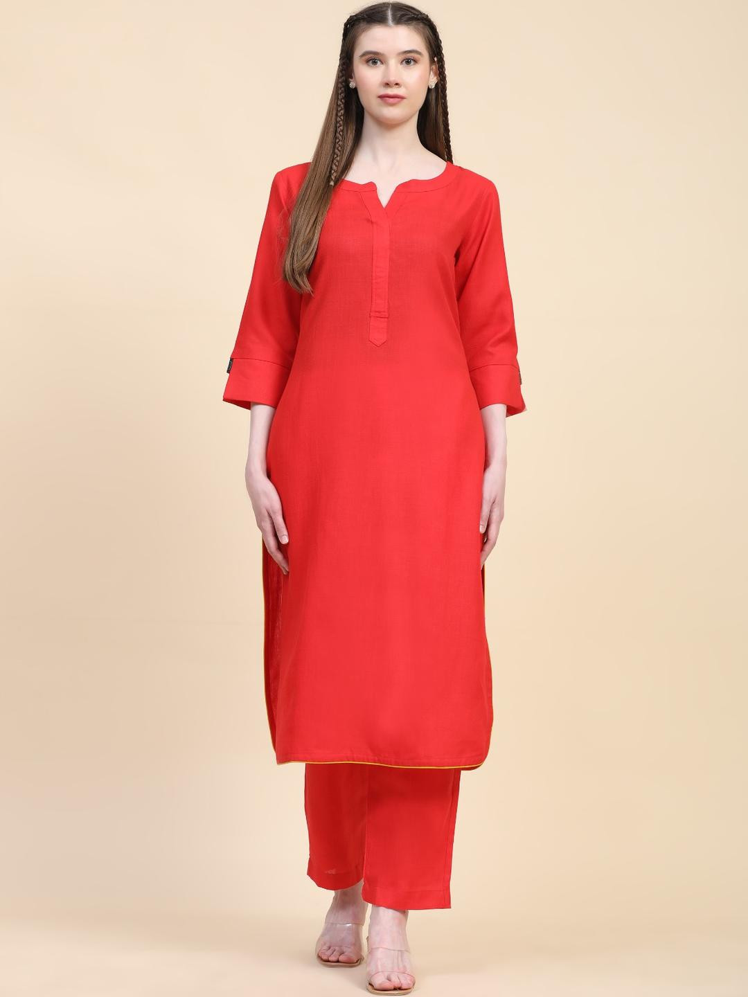 itora Red Cotton Blend Kurta Sets