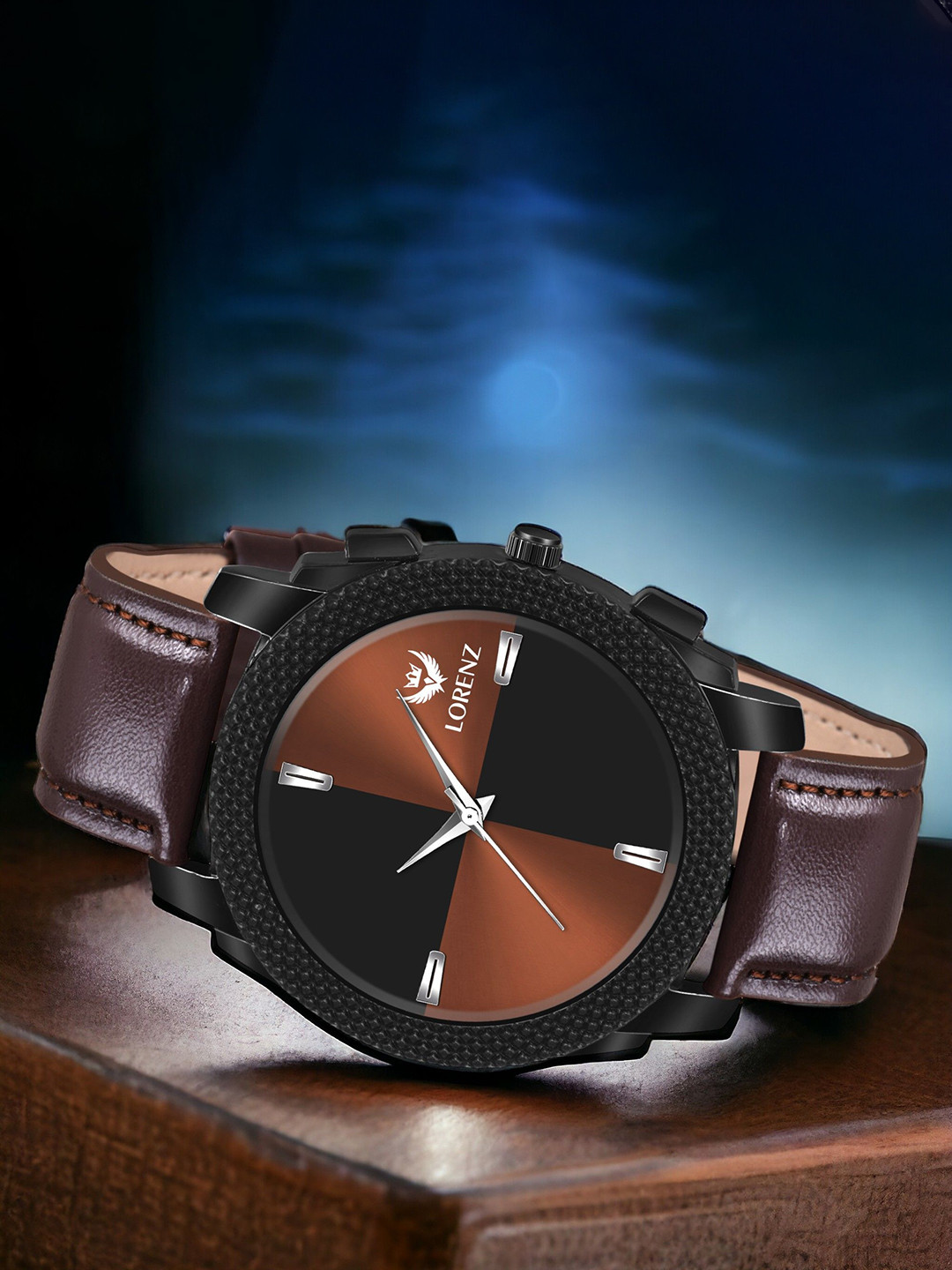 LORENZ Men Brass Dial & Leather Straps Analogue Watch MK-407R