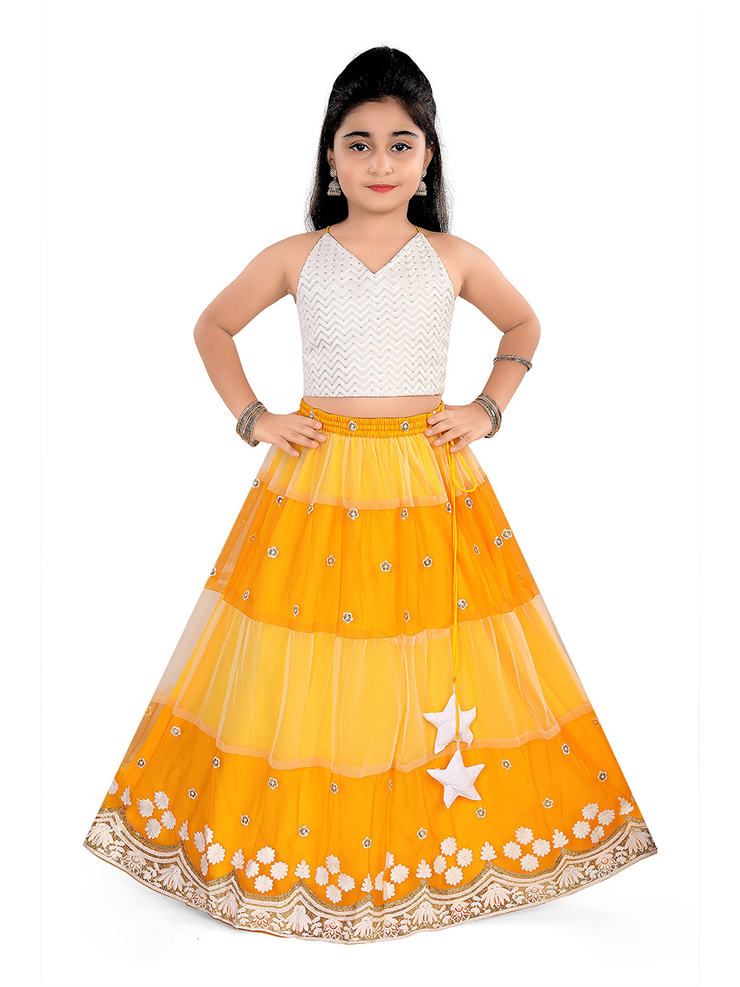 Pragya Exclusive Girls Floral Embroidered Cotton Ready To Wear Tiered Lehenga & Blouse