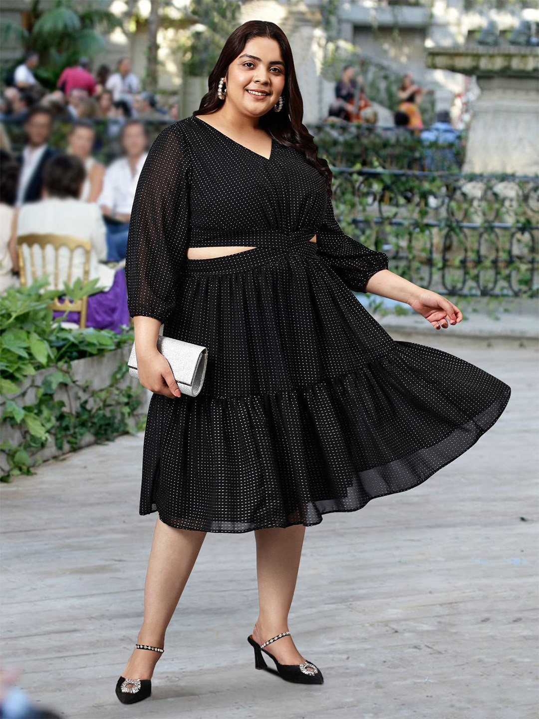 wild U Women Polka Dot Printed Plus Size Waist Cut-Out Georgette Fit & Flare Dress