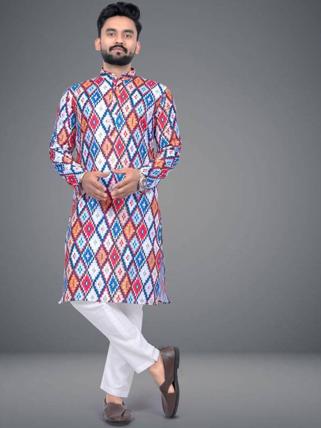 TIGER SNAKE Geometric Printed Mandarin Collar Straight Kurta