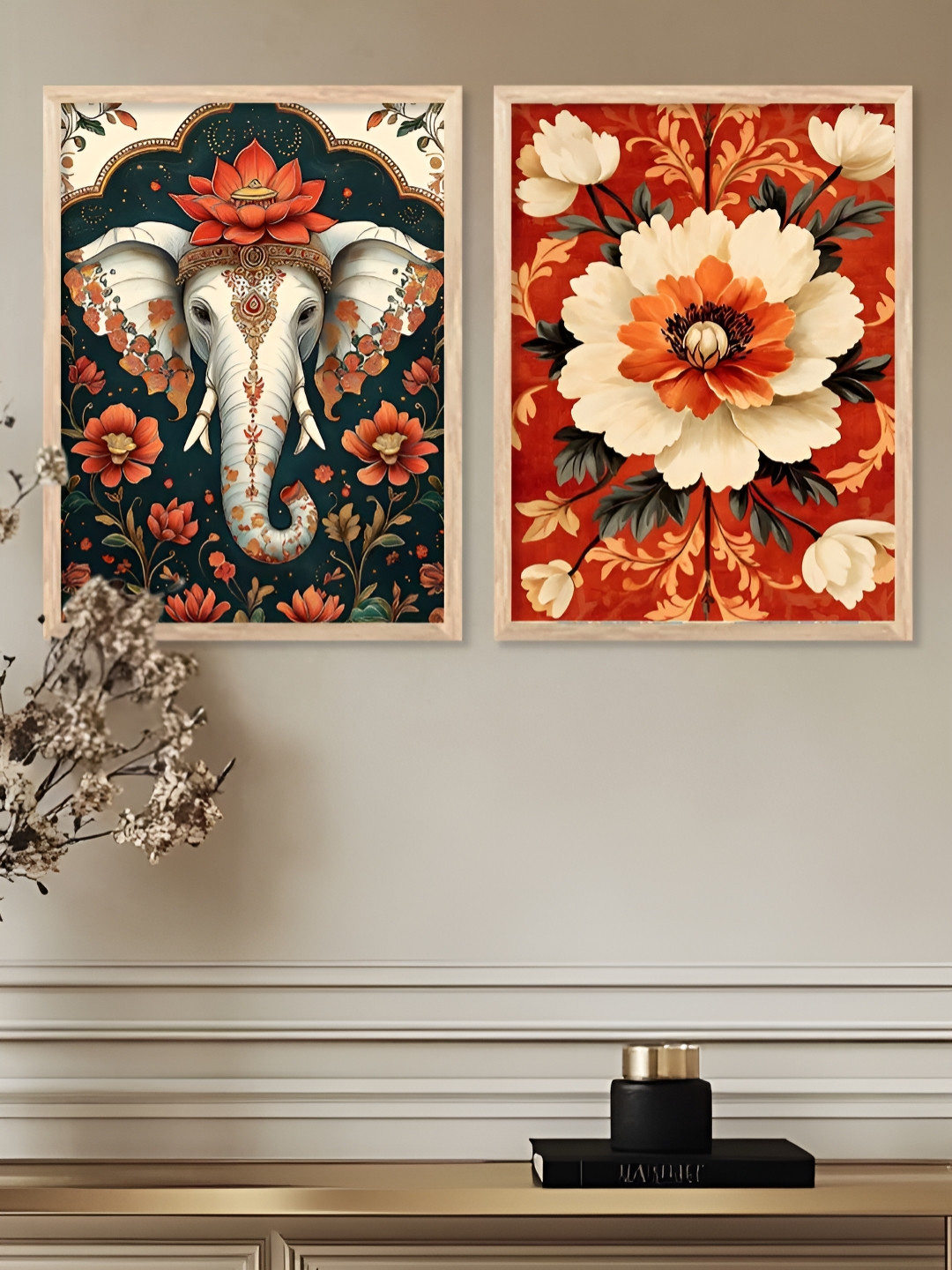 Kotart Green & White 2 Piece Traditional Floral and Botanical Wooden Wall Art