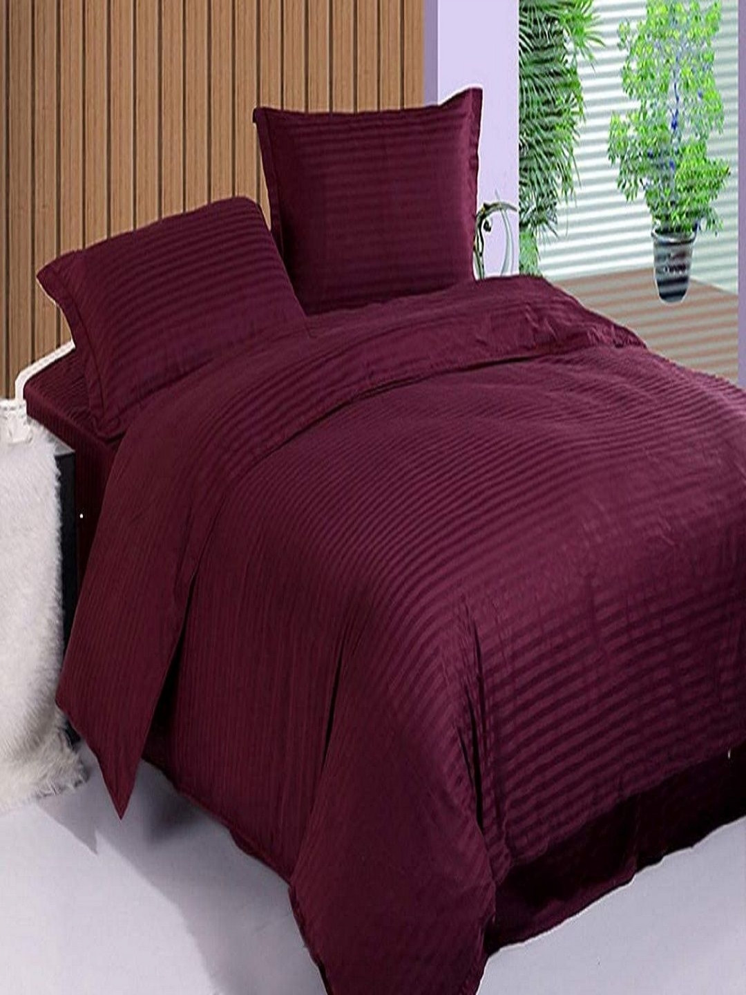 tundwal's Burgundy Striped Printed Microfiber 210 TC Single Bedsheet Sets - 2.23m x 1.45m